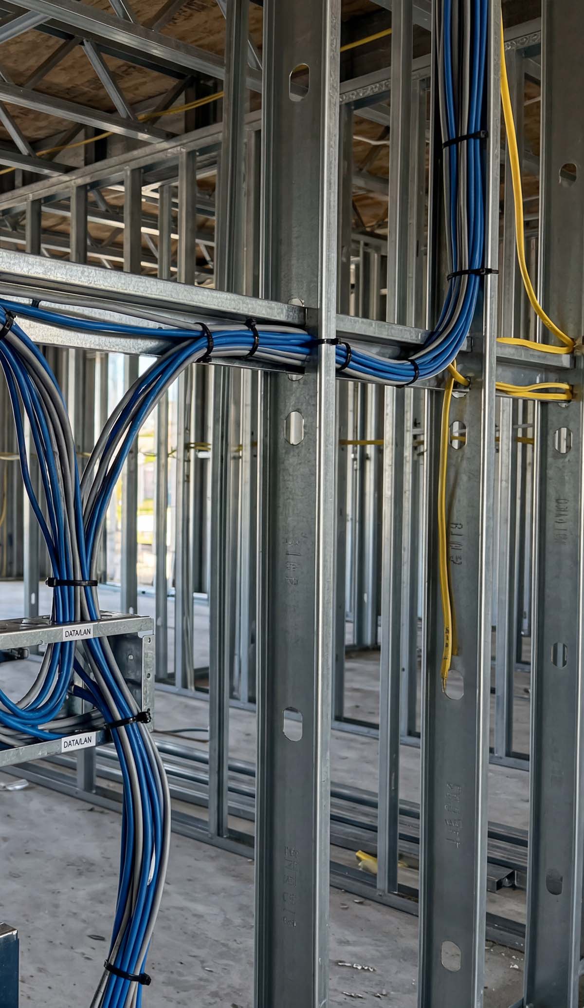 Low-voltage structured wiring being installed in home framing during rough construction phase