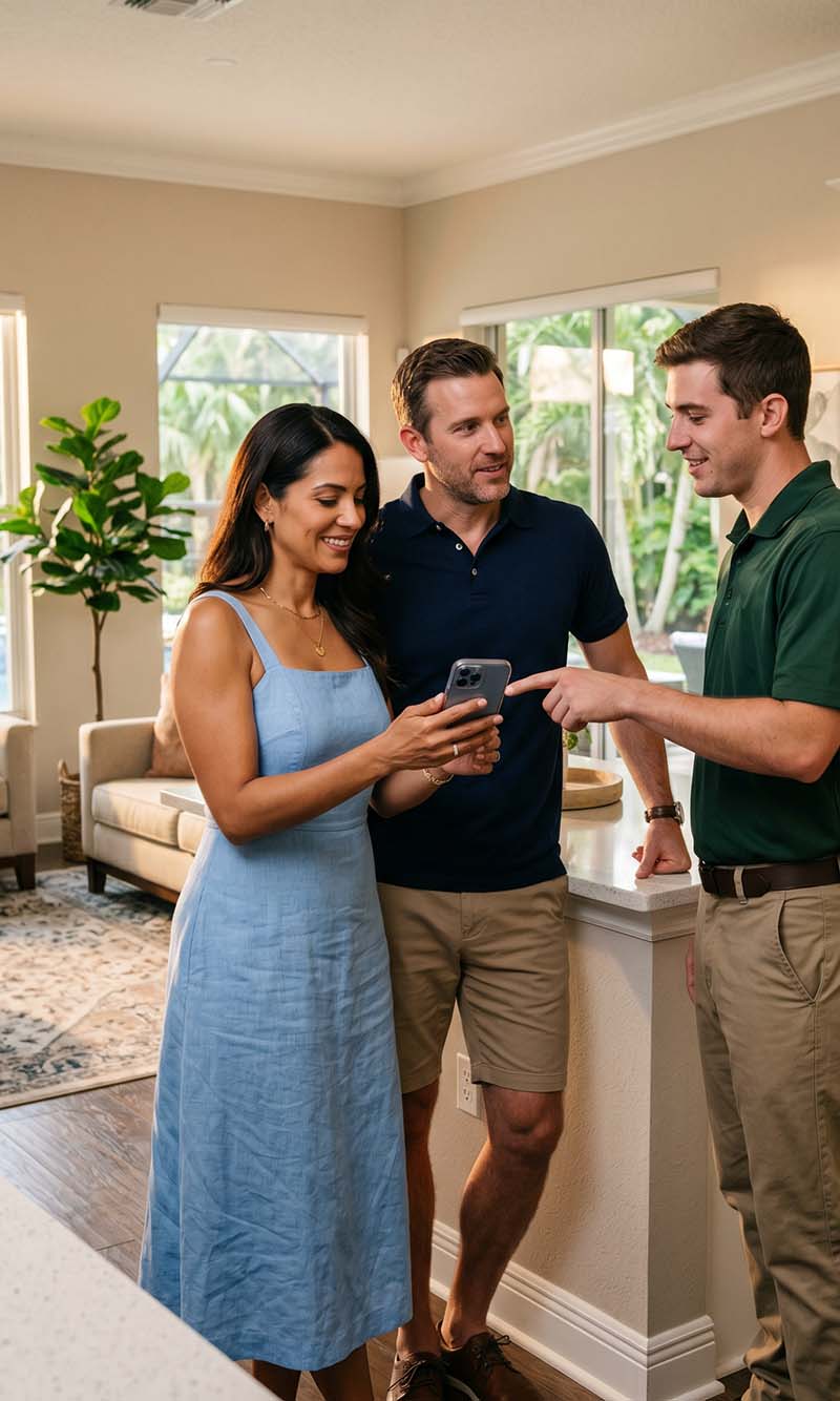 Uxari technician setting up smart home devices and apps for homeowner at move-in